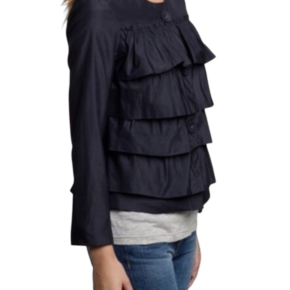 J. Crew Silk Taffeta Cascade Women's Navy Ruffled Jacket - Picture 3 of 5